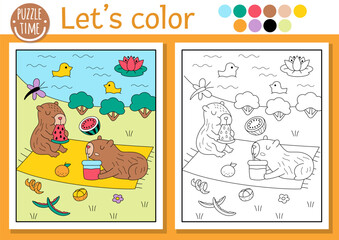 Wall Mural - Capybara coloring page for children with cute scene, animals having picnic. Vector capibara outline illustration. Color book for kids with colored example. Drawing skills printable worksheet