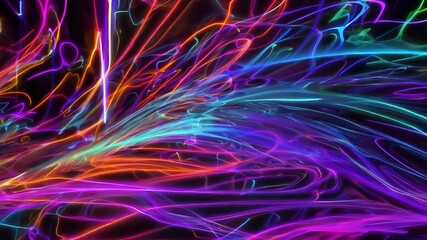 Poster - Colorful neon lines intertwine and flow across a dark background, creating an abstract light display that mesmerizes with its vibrant energy and movement.