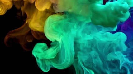 Poster - Colorful smoke in shades of pink, orange, and yellow flows and swirls gracefully. The vibrant hues contrast sharply with the deep black background, showcasing a stunning visual effect.