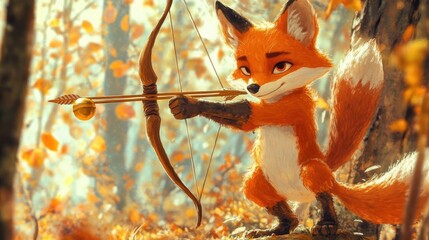 Wall Mural - A Fox Archer Aims Carefully In Autumn Woods