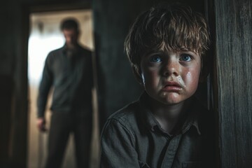 Frightened young boy hiding from his aggressive father holding a weapon in a dark room, depicting domestic violence and child abuse