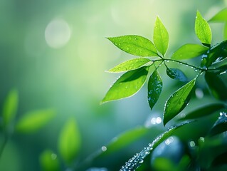 Poster - Leafy green plant with raindrops on it.