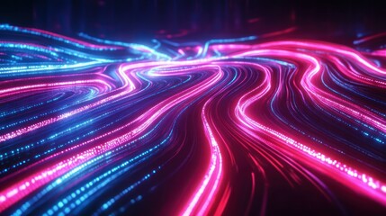 Poster - Abstract neon light lines form dynamic patterns on a dark futuristic background wallpaper AI generated image