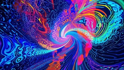 Poster - A dynamic swirl of colorful patterns unfolds, captivating with its bright hues and fluid movements. The vibrant display forms a hypnotic visual journey in a dark backdrop.
