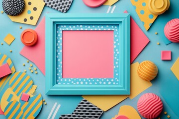 Poster - Turquoise frame with pink background is surrounded by colorful geometric shapes lying on a blue surface, creating a vibrant and playful composition