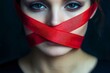 © Michael - Close-up portrait of a young woman with a red ribbon covering her mouth, representing censorship, freedom of speech, and the suppression of voice