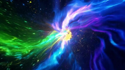 Poster - Experience a stunning display of colors as vibrant swirls of blue, purple, pink, and yellow merge together, creating a captivating visual journey through a digital cosmos.