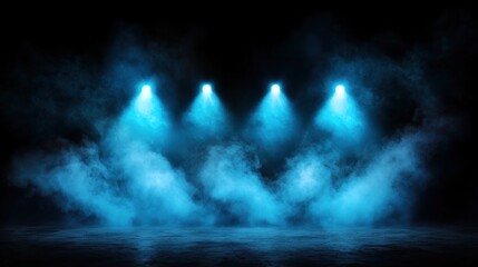 Canvas Print - Dramatic blue spotlight effect with smoke on stage creating an atmospheric backdrop for performances
