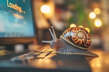 Snail on laptop keyboard represents slow internet speed, buffering or other computer problems
