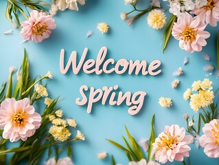  Blue background with flowers and the words 