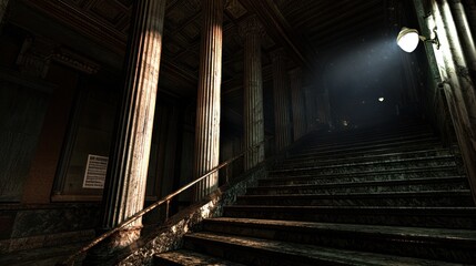 Wall Mural - Dimly lit staircase with ornate columns leading to an unknown upper level, shadows cast dramatically