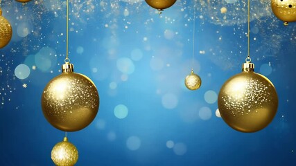 Poster - Golden ornaments sparkle and sway gently in front of a vibrant blue background, enhancing the joyful ambiance perfect for holiday festivities and seasonal celebrations.