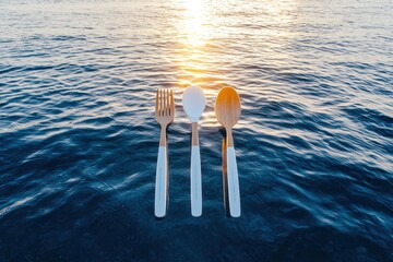 Poster - Marine-safe utensils set against a soft sunset ocean backdrop illuminating innovative design nature tranquil environment aesthetic perspective