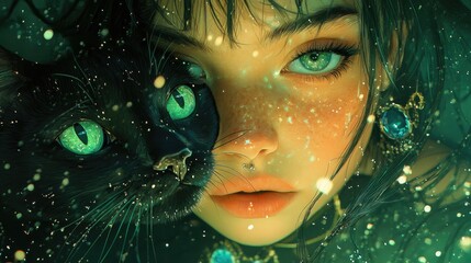 Wall Mural - enchanting portrait of a young woman with emerald eyes and a mystical black cat in a dreamy setting