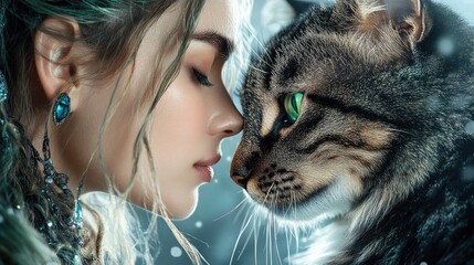 Wall Mural - dreamy portrait of young woman with cat showcasing whimsy and connection in ethereal atmosphere