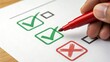 © HIRA STOCK - Checklist with checkmarks and a cross: hand marking choices on a survey or questionnaire with a red marker, representing decision making, selection, assessment, and evaluation.