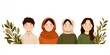 © Leo Rohmann - Group of happy Muslim friends in warm colored outfits smiling together in natural setting symbolizing friendship community spirit and cultural unity beautifully illustrated artistic vector design
