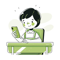 Poster - Smiling child sitting at a desk, using a smartphone. Modern, minimalist illustration with green and black tones.