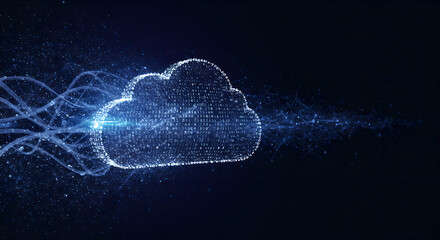 Poster - Digital cloud shape with glowing blue particles and light streams on dark background. Modern technology, data storage, cloud computing concept for business presentations and tech banners