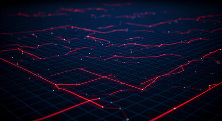 Poster - The image depicts a futuristic digital landscape with glowing red lines forming a complex, interconnected network on a dark grid background. The scene gives a high-tech, cyber or data visualization ae