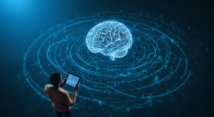 Poster - African american man using tablet with glowing digital brain hologram on dark blue background. Artificial intelligence, machine learning technology concept with copy space