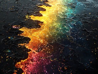 Poster - Glowing Vibrant Rainbow Oil Spill Abstract Concept with Copy Space