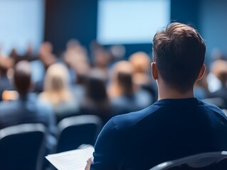 Poster - Attendee Focused on Presentation at Business Conference Event