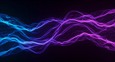 Poster - Blue and purple glowing energy waves flowing on black background. Abstract light streaks pattern. Modern digital design element for tech banner with copy space