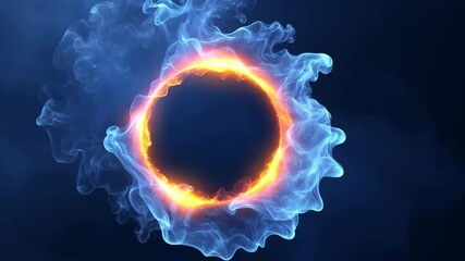 Poster - Glowing Fiery Ring Surrounded by Swirling Blue Smoke Creates Captivating Mystical Visual Effect Against Dark Background with Vibrant Orange Flames and Cool Blue Smoke Adding Depth and Energy