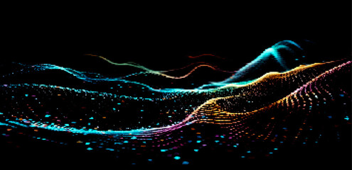 Fototapete - Abstract vector art features vibrant, undulating waves of multicolored particles against a dark background, creating a dynamic sense of movement and depth. Perfect for tech-themed designs.