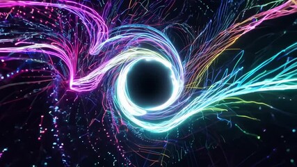 Fototapete - An explosion of vibrant colors swirls around a dark central void, creating a mesmerizing abstract visual experience filled with dynamic energy and movement.