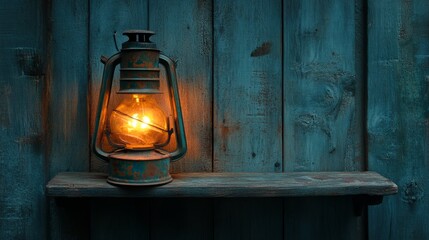 Wall Mural - Vintage oil lamp with rust, sitting on a weathered wooden shelf with soft ambient lighting 