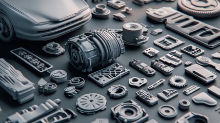 Assortment of car parts displayed on a dark surface, including engine components, body parts, and interior elements.