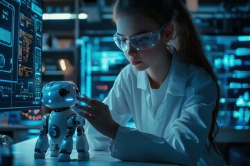Poster - a young scientist interacts with a small humanoid robot in a high-tech laboratory, illuminated by bl