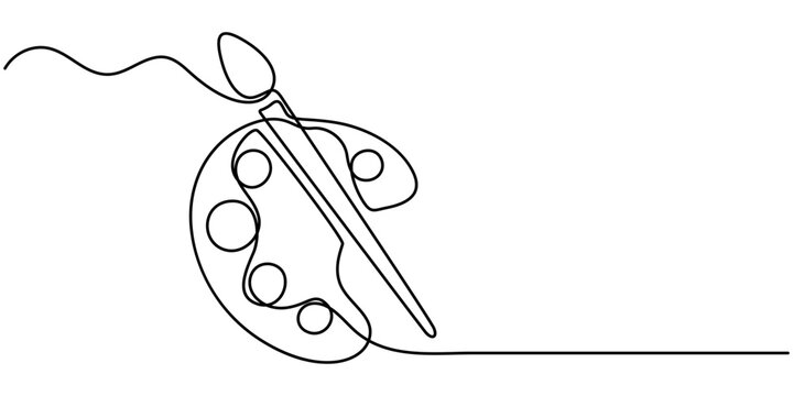One Continuous Line Drawing of Art Class Icon. Single Line Vector Illustration, Continuous one line drawing of a art materials. Artsy brushes and painting palette one line drawing vector illustration.