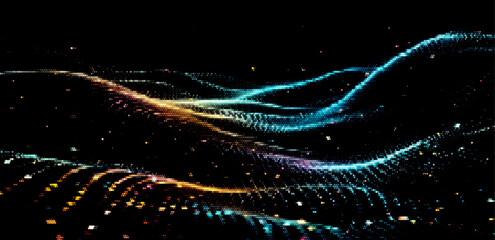 Fototapete - Vector illustration depicts a futuristic digital landscape, featuring glowing, pixelated waveforms on a dark background. It conveys a high-tech, abstract atmosphere with a sense of movement and depth.