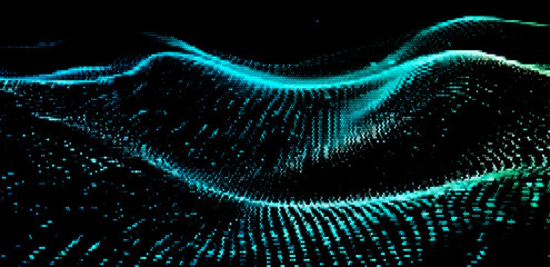 Fototapete - A flowing vector illustration of abstract blue waves formed by dynamic particles on a dark background. Perfect for tech-themed designs.

