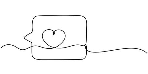 Poster - Four speech bubble one line style illustration, Single line drawing of speech bubbles. Simple continuous one line bubble chat with a heart .Talk bubbles one line drawing. Speech clouds with a like.