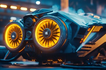 Poster - Futuristic Hovercraft with Neon Lights and Advanced Technology