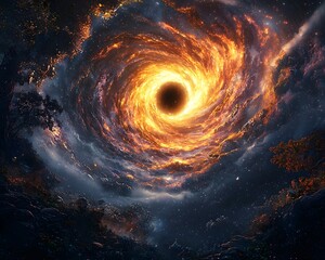 Poster - Mesmerizing Cosmic Vortex with Glowing Black Hole Pulling in Swirling Stars and Planets