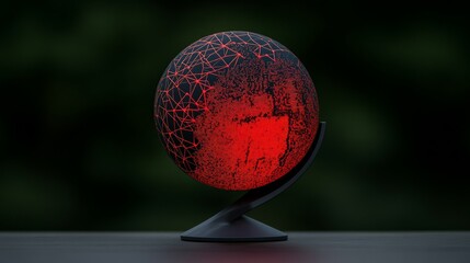 Aufkleber - Red Globe with Abstract Network Design on Stand Against Dark Background