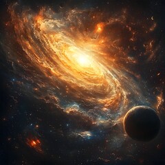 Poster - Mesmerizing Cosmic Expanse Swirling Galaxy with Glowing Auroras and Vibrant Planets