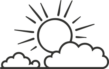 simple outline illustration of a sun behind clouds icon.