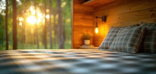 Poster - A cozy bedroom setting featuring a neatly made bed, natural wood walls, and sunlight streaming through a large window, creating a warm, inviting atmosphere.