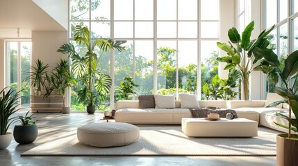 a bright living space with floor-to-ceiling windows and lush plants enhancing the ambiance