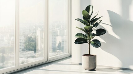 a bright modern interior with a rubber plant in a stylish pot, standing beside a floor-to-ceiling wi