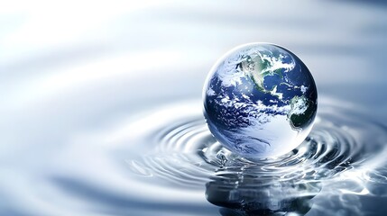 Wall Mural - Captivating image of the Earth encapsulated within a glistening water droplet placed delicately on a tranquil rippled surface under the soft natural lighting
