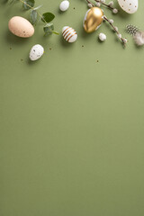 Wall Mural - a vertical festive easter arrangement featuring decorative eggs, greenery, and feathers on a green b