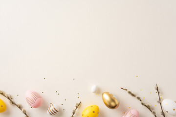 Wall Mural - elegant easter arrangement featuring pastel colored eggs and spring branches, creating a festive, mi