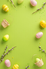 Wall Mural - easter vertical decorations including painted eggs, wicker baskets, and willow branches on a green s